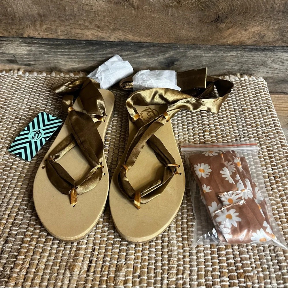Trary Tan Silk Lace Up Sandals Size 6‎
